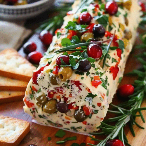 Festive Antipasto Cream Cheese Log with Roasted Red Peppers and Parmesan