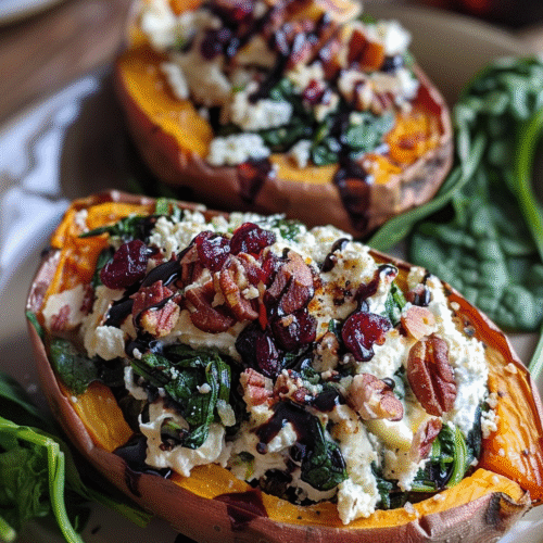 Creamy Ricotta & Spinach Stuffed Sweet Potatoes with Balsamic Cranberry Glaze Recipe