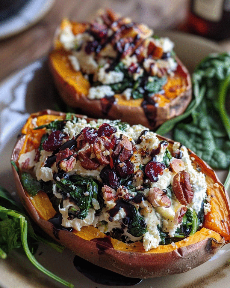 Creamy Ricotta & Spinach Stuffed Sweet Potatoes with Balsamic Cranberry Glaze Recipe