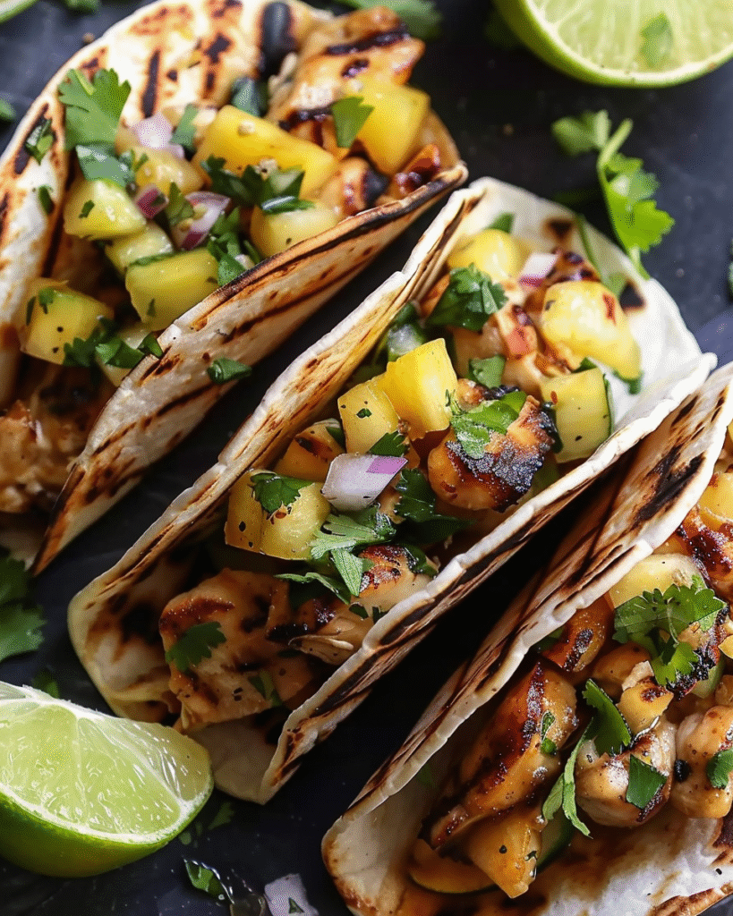 Teriyaki Chicken Tacos with Grilled Pineapple Pear Salsa