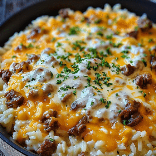 Cheesy Garlic Butter Beef and Rice Recipe