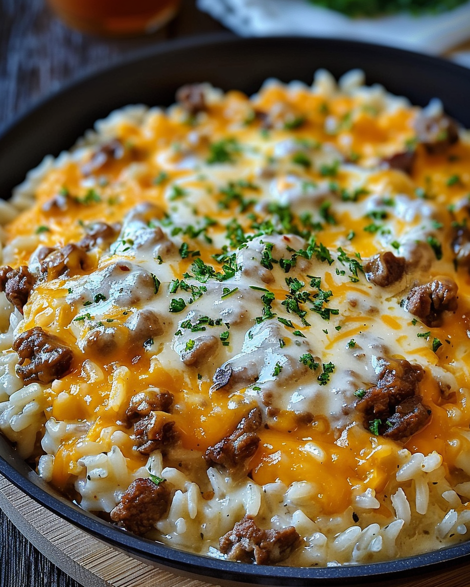 Cheesy Garlic Butter Beef and Rice Recipe