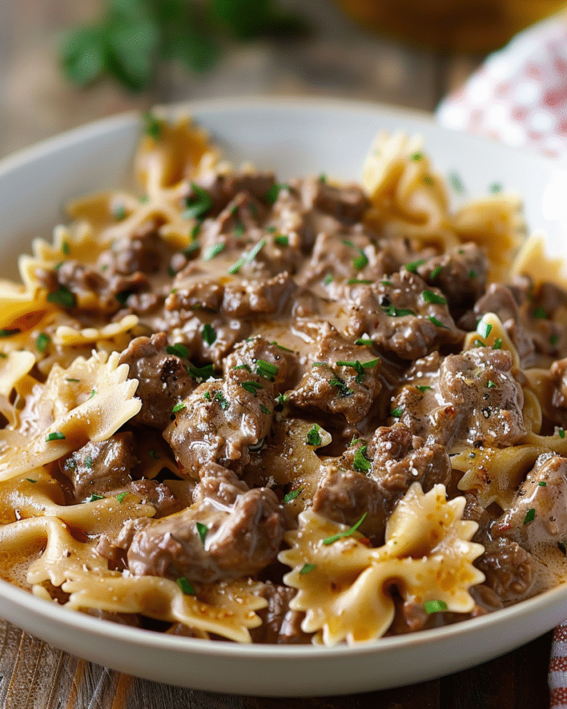 Creamy Beef & Bowtie Pasta