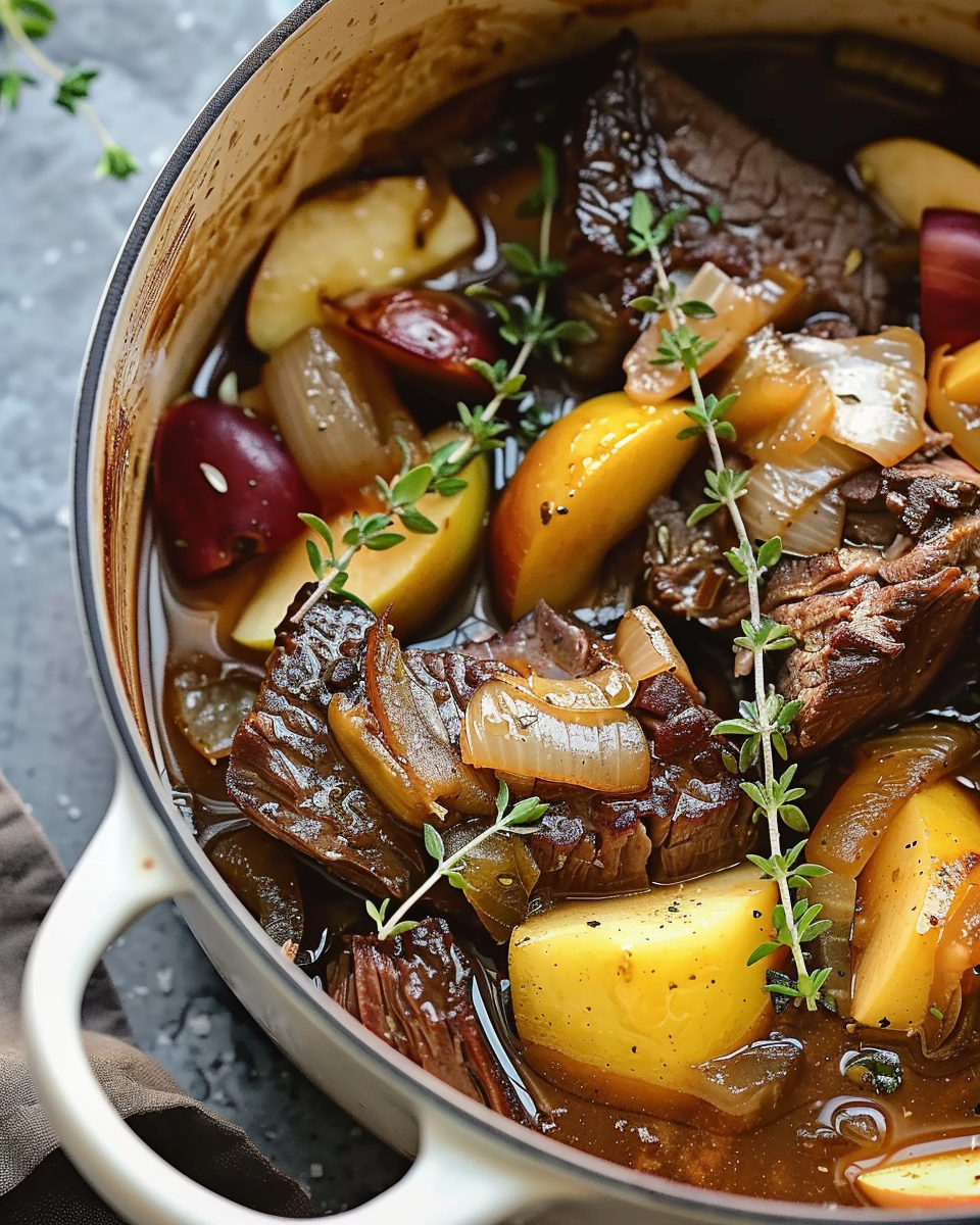 Cider Braised Beef with Apples and Onions 