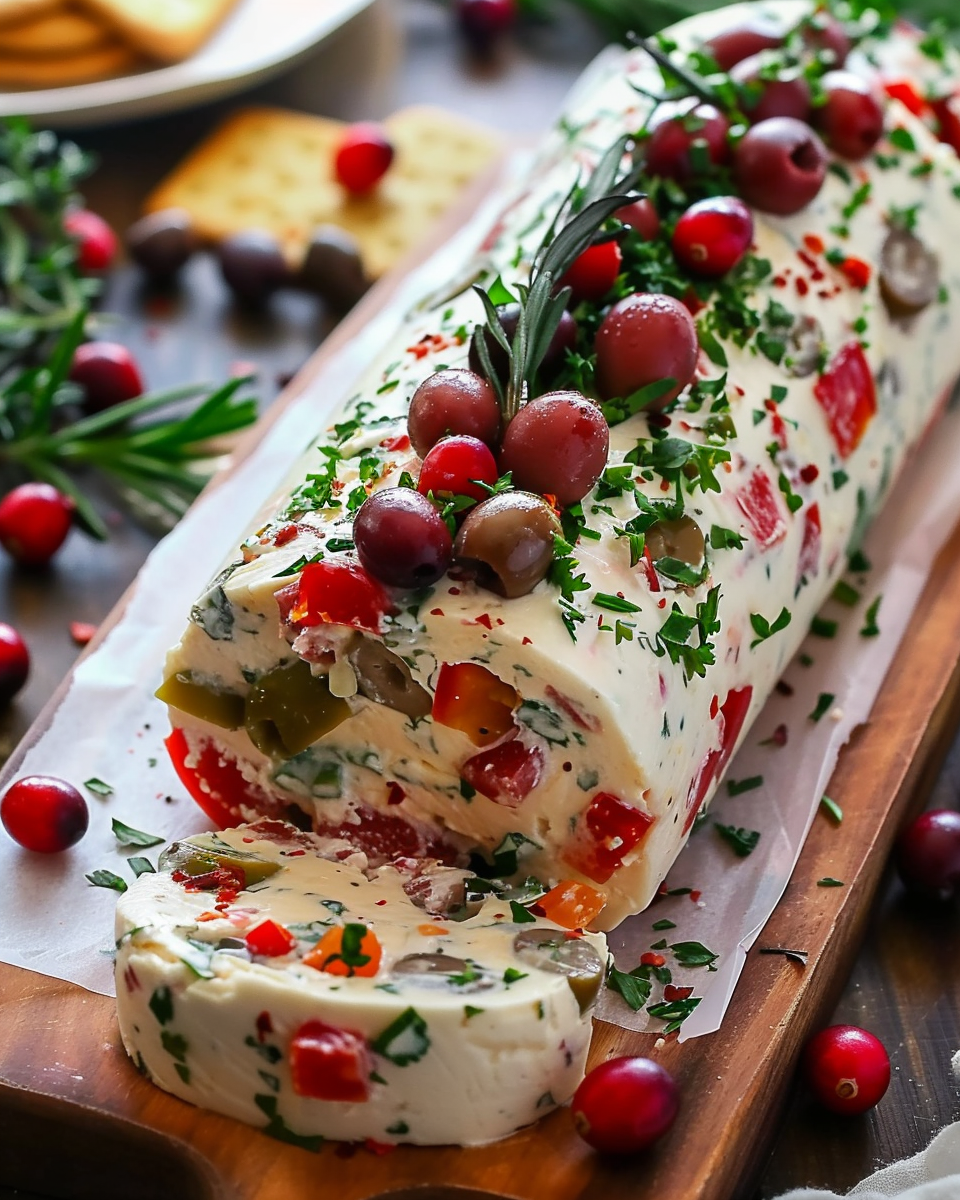 Festive Antipasto Cream Cheese Log with Roasted Red Peppers and Parmesan
