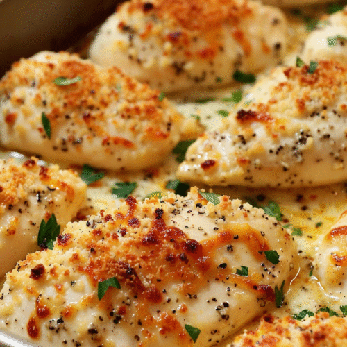 tender chicken breasts baked with a creamy Parmesan