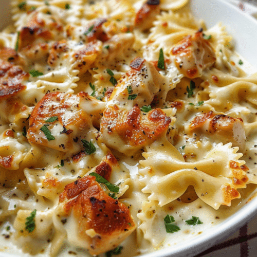 Mozzarella Garlic Butter Chicken Bowties in Cheesy Cream