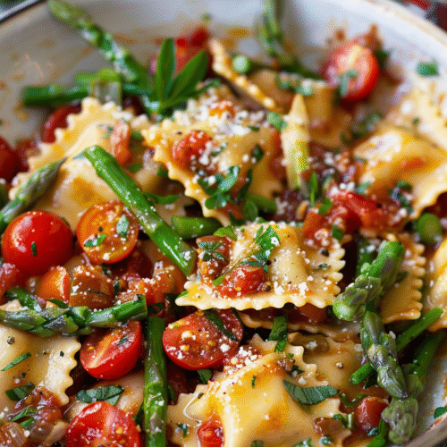 Ravioli with Tomatoes, Asparagus, Garlic, and Herbs Recipe