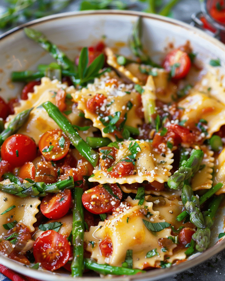 Ravioli with Tomatoes, Asparagus, Garlic, and Herbs Recipe