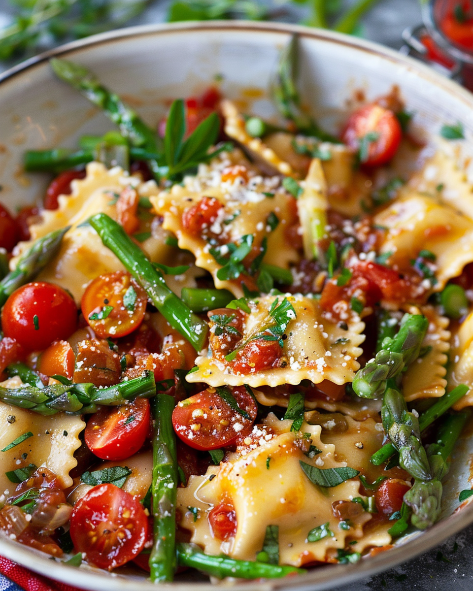 Ravioli with Tomatoes, Asparagus, Garlic, and Herbs Recipe