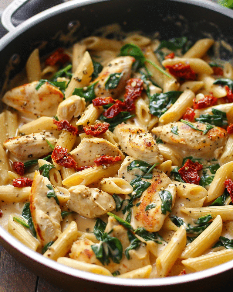One Pot Creamy Sun Dried Tomato and Spinach Pasta with Chicken