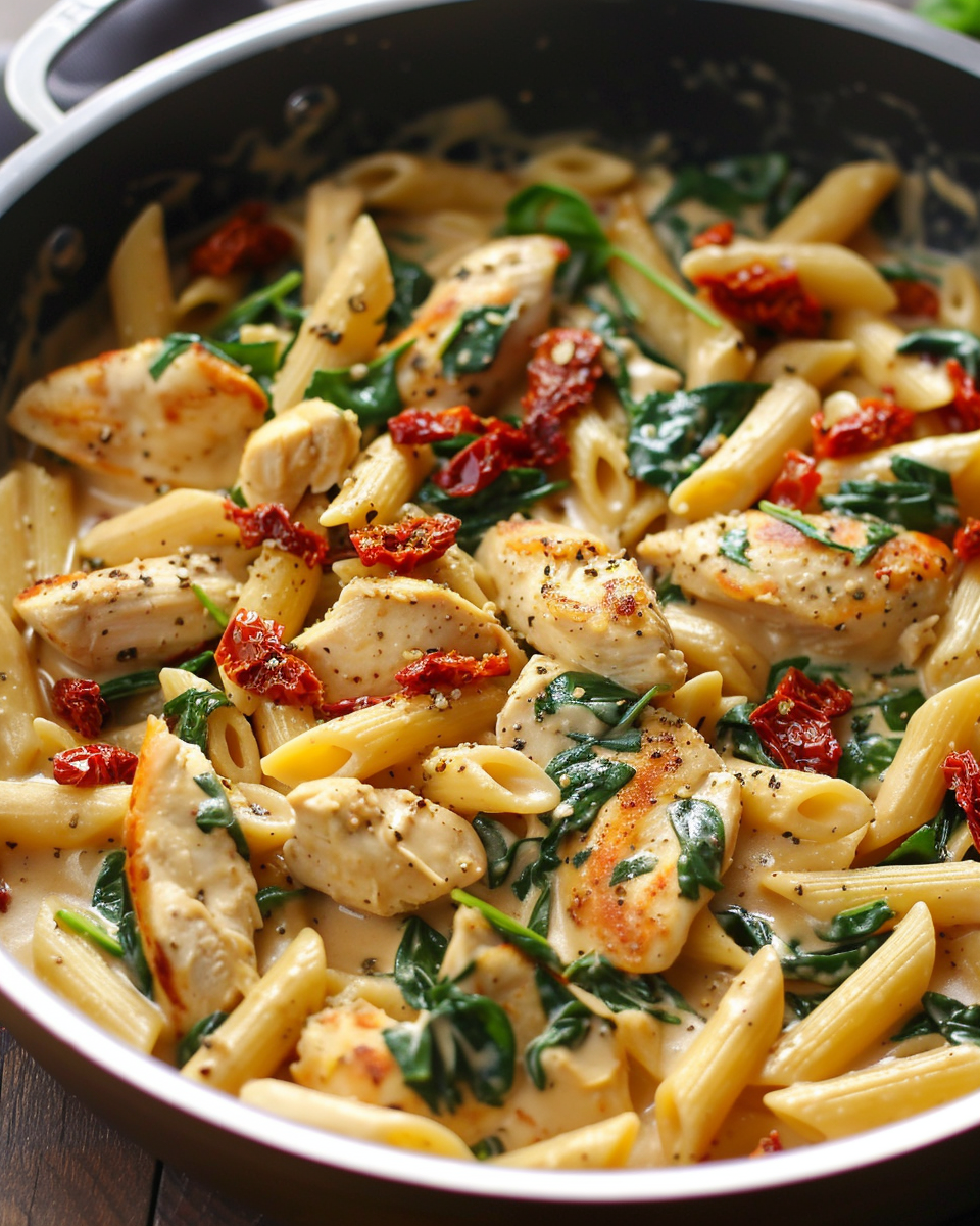 One Pot Creamy Sun Dried Tomato and Spinach Pasta with Chicken