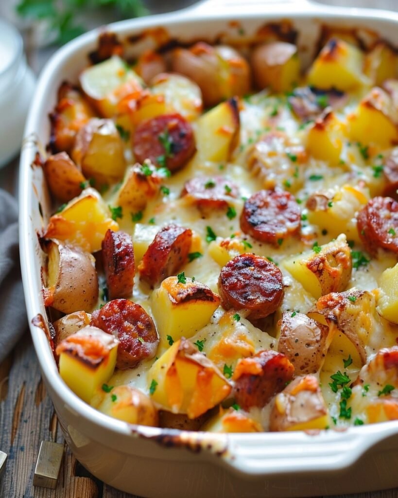 baked dish combines creamy potatoes, smoked sausage