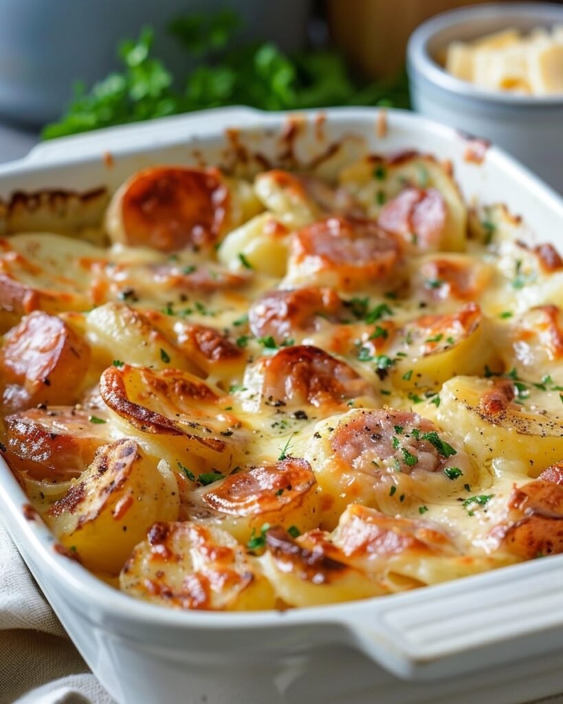One-Pan Cheesy Potatoes & Smoked Sausage