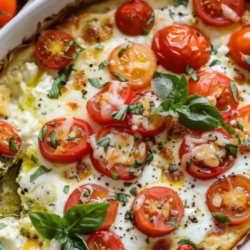 Baked Caprese Dip cheesy dip with roasted tomatoes, fresh mozzarella, and basil