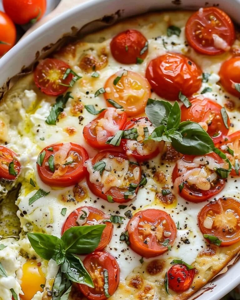 Baked Caprese Dip cheesy dip with roasted tomatoes, fresh mozzarella, and basil