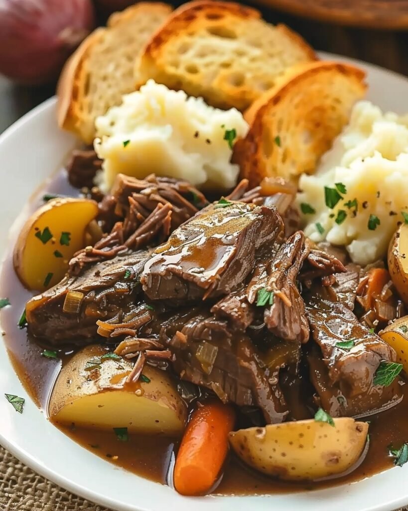slow-cooked beef, rich brown gravy, and creamy mashed potatoes