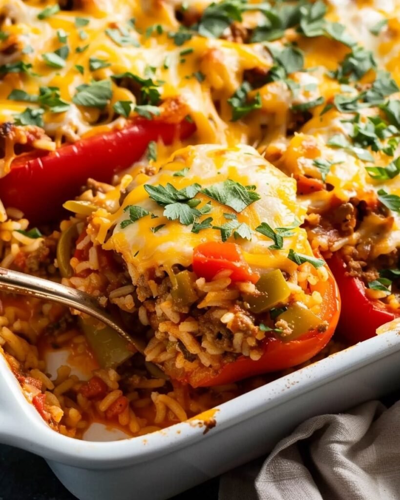 stuffed peppers in an a casserole with beef, rice, peppers, and cheese