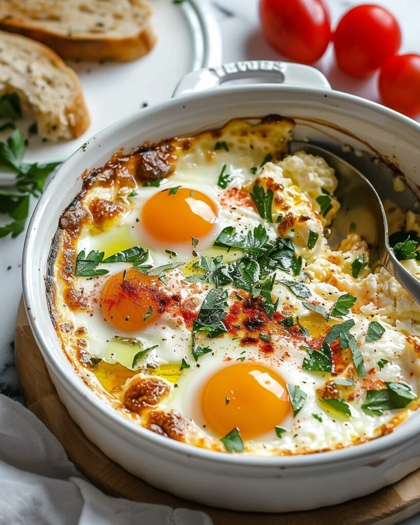 baked eggs, feta cheese, and olive oil