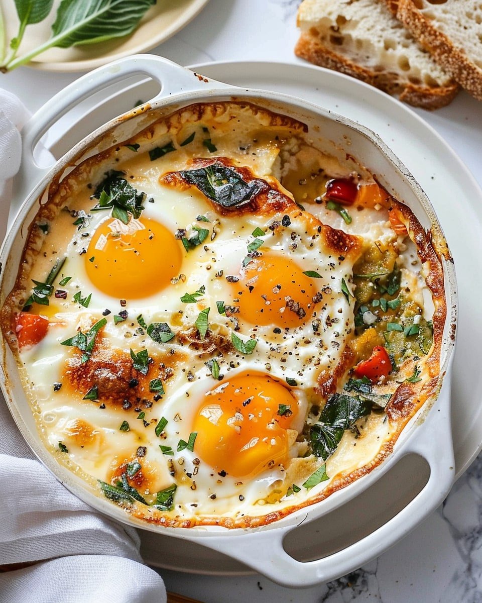 baked egg recipe with creamy feta, juicy tomatoes, and fresh herbs