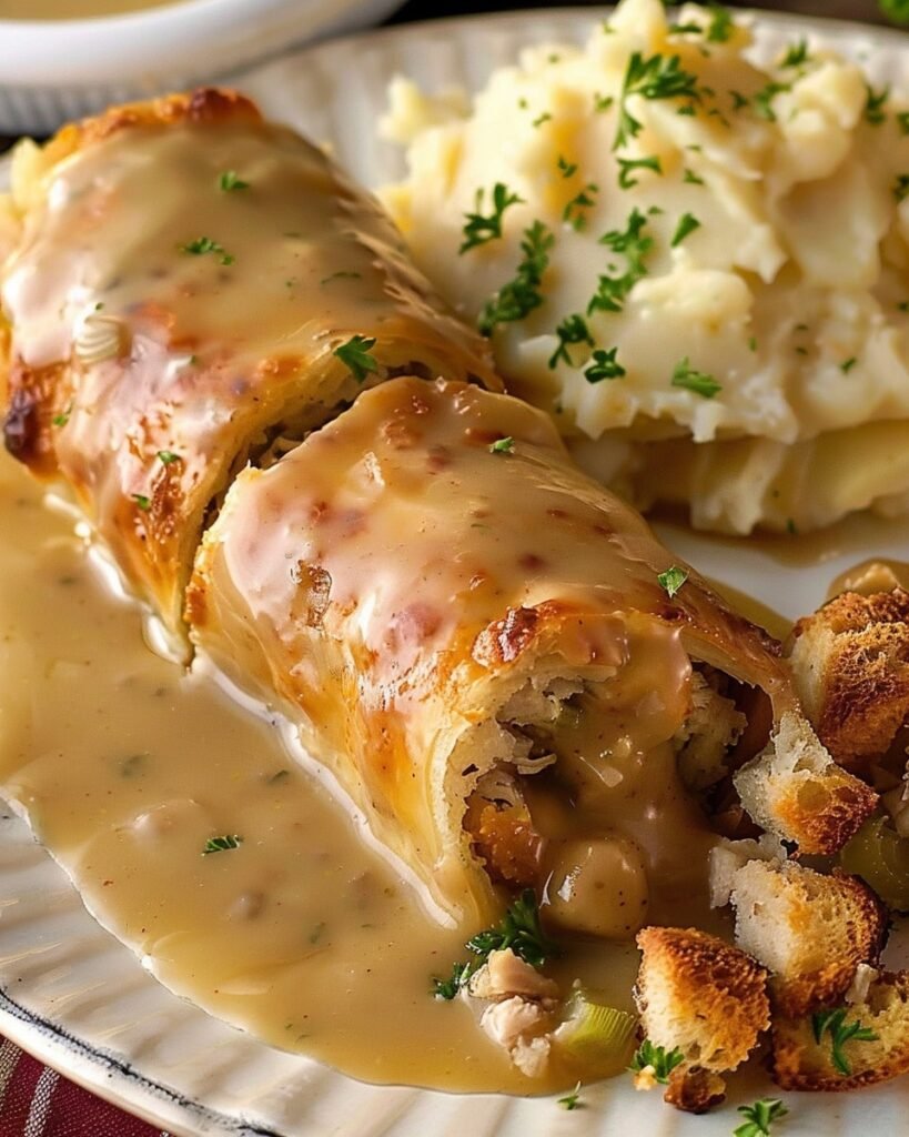 Turkey & Stuffing Roll Ups with Creamy Gravy