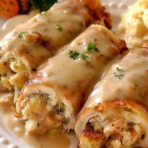 Turkey & Stuffing Roll Ups with Creamy Gravy