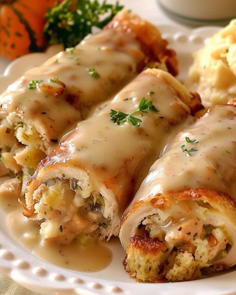 Turkey & Stuffing Roll Ups with Creamy Gravy
