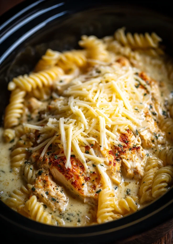Crockpot Garlic Parmesan Chicken Pasta Process