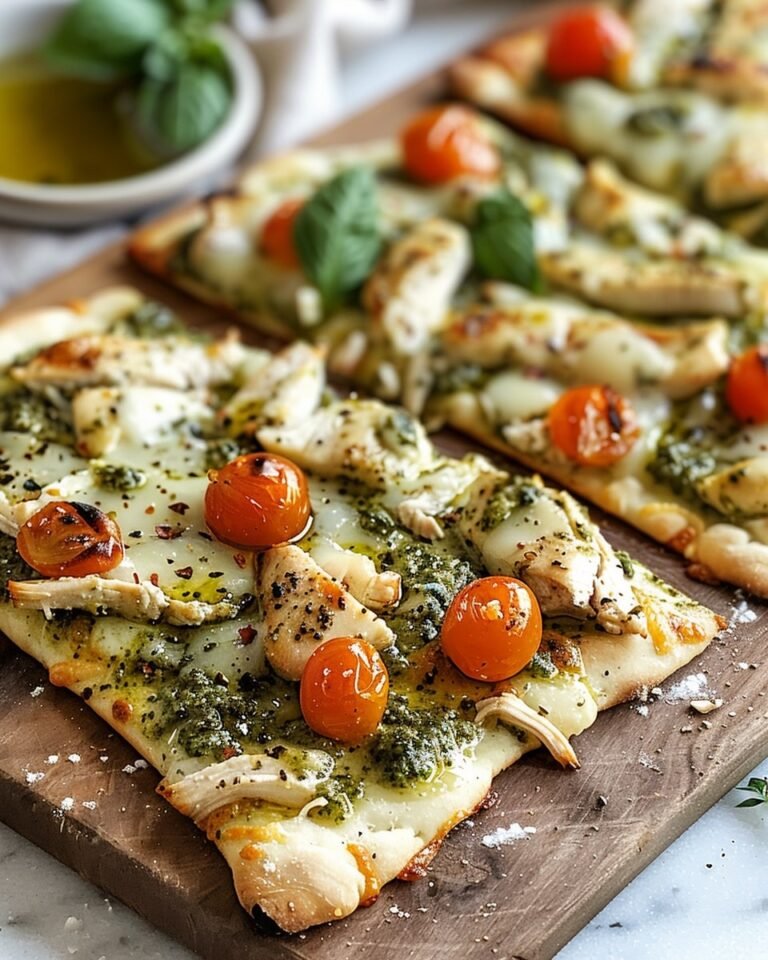 flatbread recipe layered with pesto, juicy chicken, melty cheese, and fresh toppings.