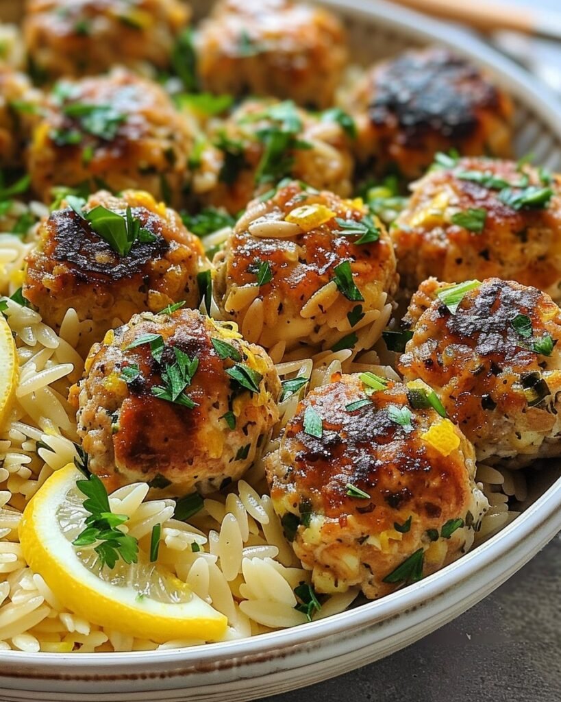 Greek Chicken Meatballs with Lemon Orzo