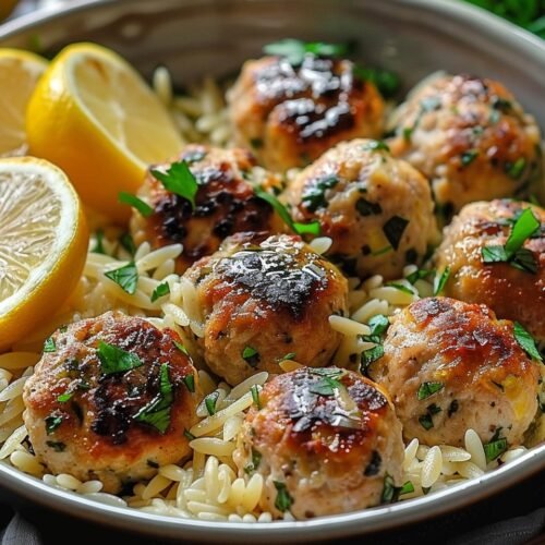 Greek Chicken Meatballs with Lemon Orzo