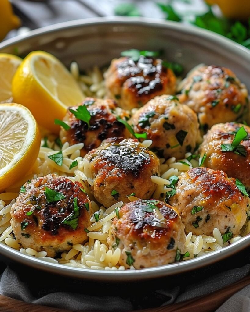 Greek Chicken Meatballs with Lemon Orzo