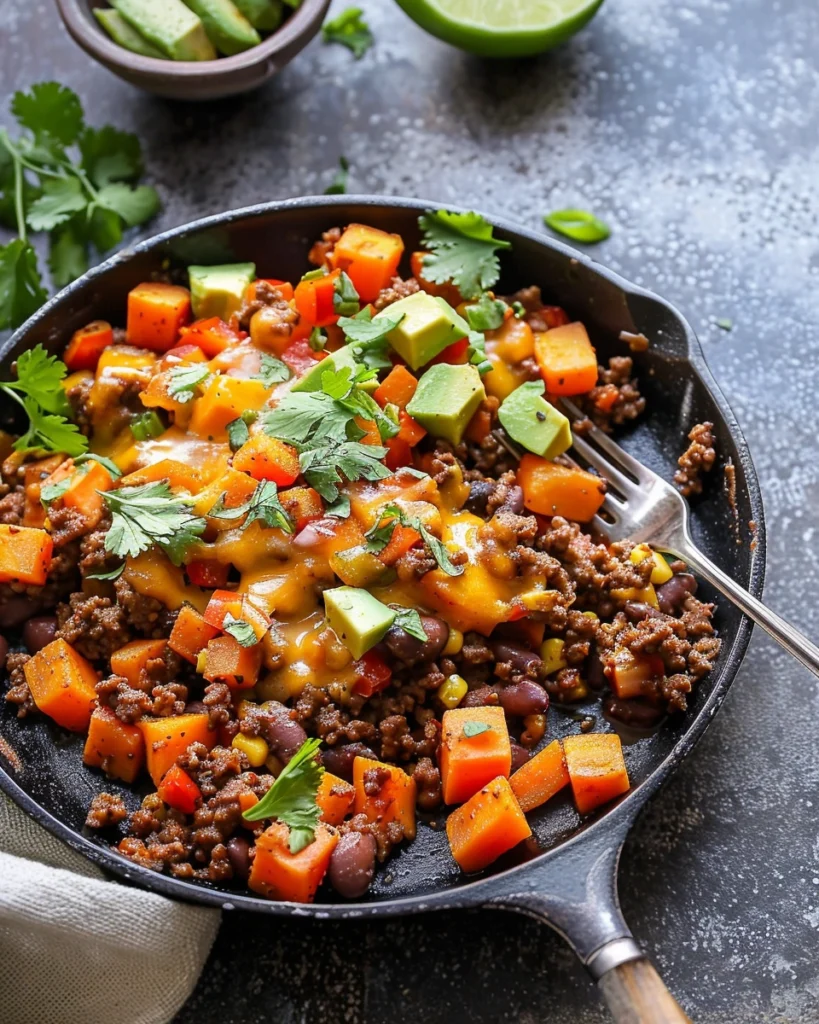 Southwest Ground Beef and Sweet Potato Skillet