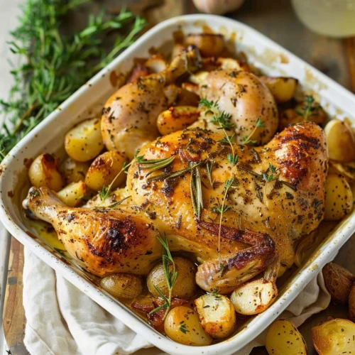 Baked Chicken and Potatoes with Onions