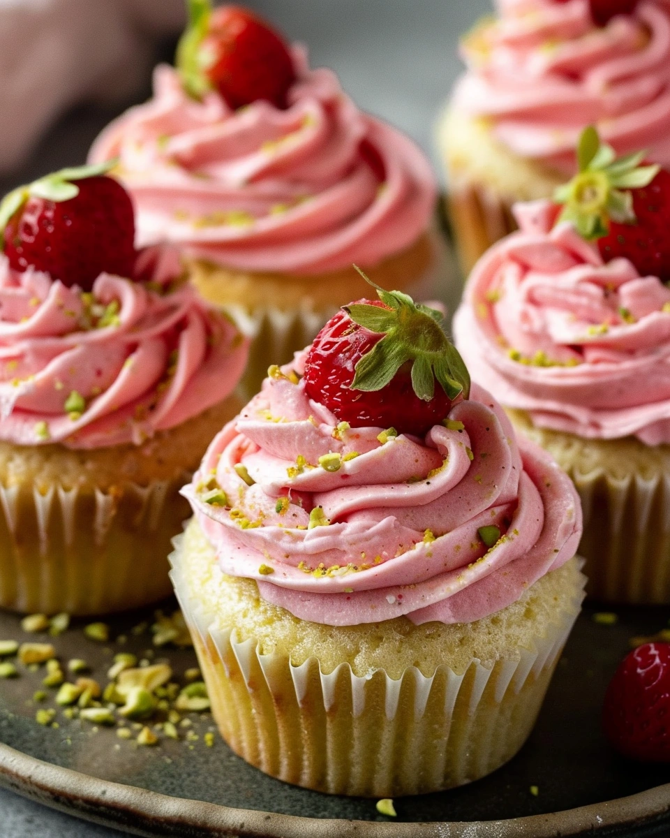 Pistachio Cupcakes with Strawberry Buttercream