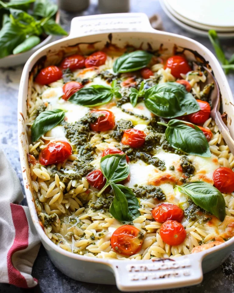 One Pan Caprese Pesto Orzo Bake