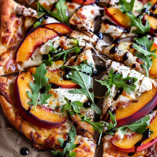 Chicken Peach Ricotta Pizza with Arugula and Balsamic Glaze