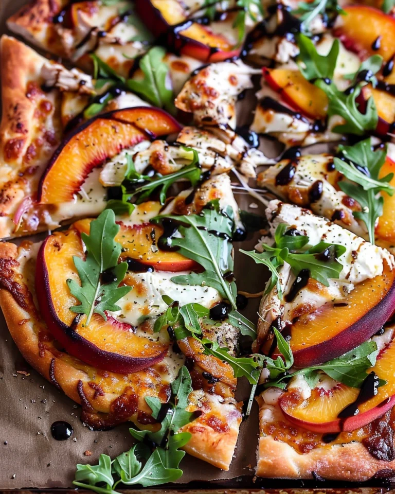 Chicken Peach Ricotta Pizza with Arugula and Balsamic Glaze