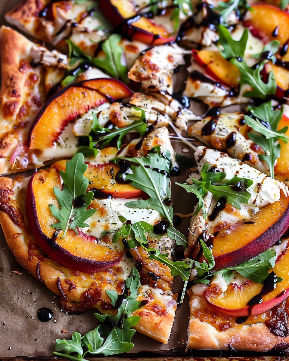 Chicken Peach Ricotta Pizza with Arugula and Balsamic Glaze