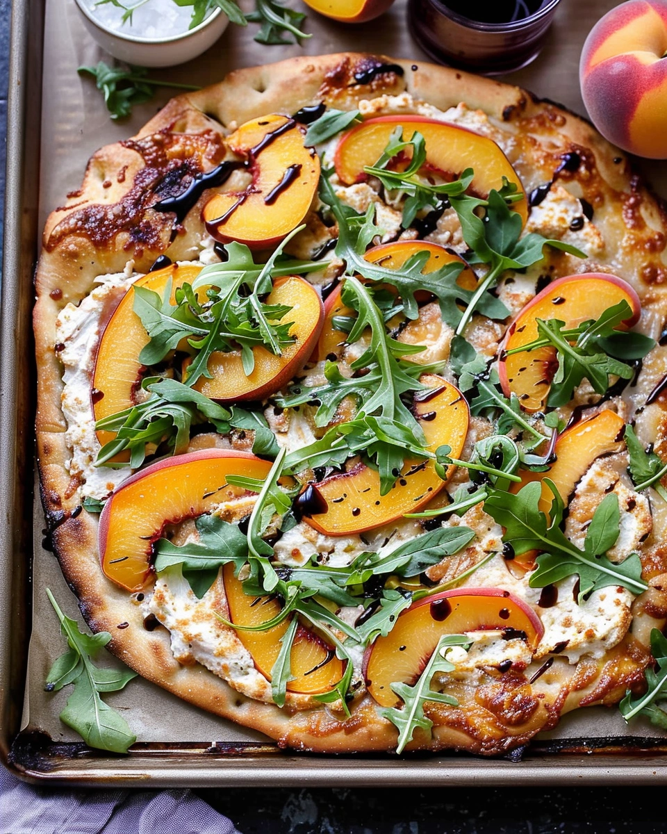 Chicken Peach Ricotta Pizza with Arugula and Balsamic Glaze