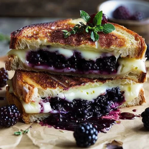 Blackberry Balsamic Brie Grilled Cheese sandwich with melted cheese and berries