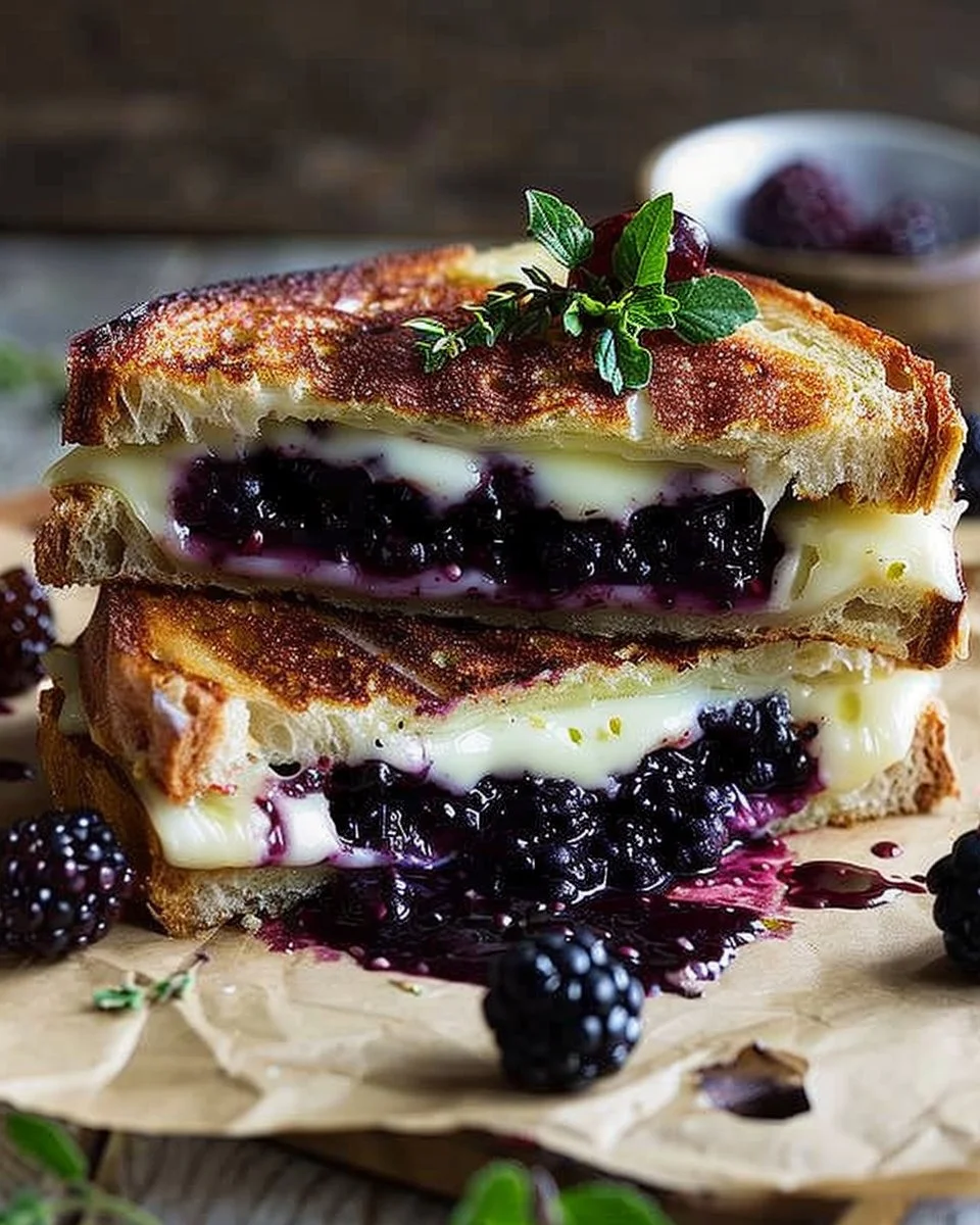 Blackberry Balsamic Brie Grilled Cheese sandwich with melted cheese and berries