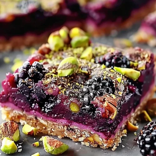 Delicious homemade Blackberry Pistachio Dream Bars on a rustic wooden table