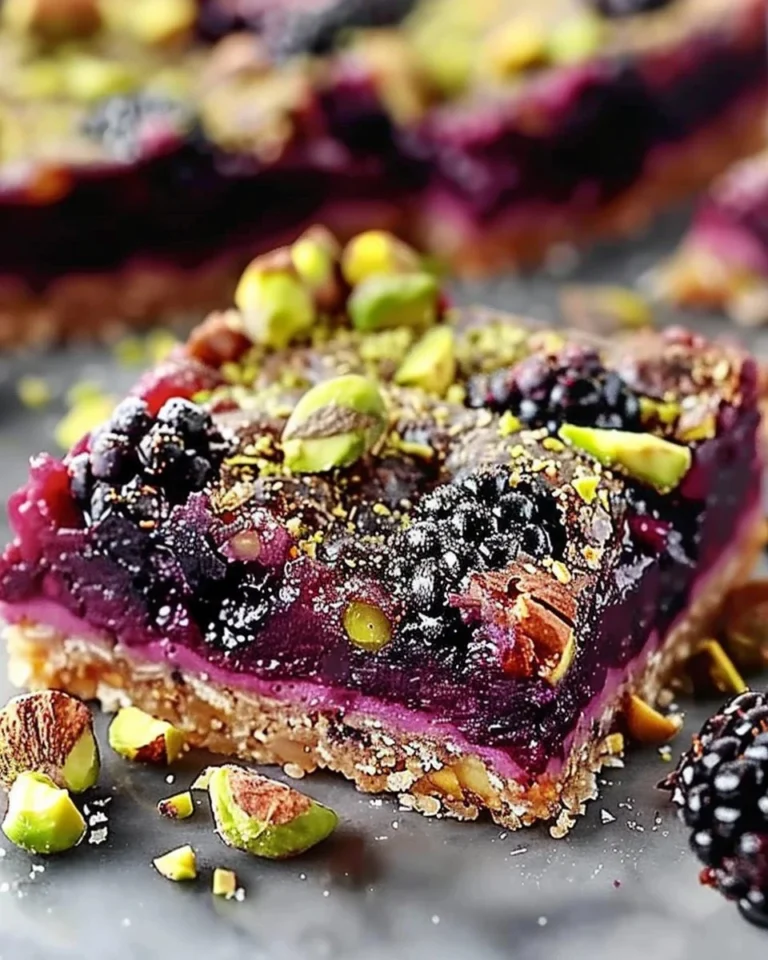 Delicious homemade Blackberry Pistachio Dream Bars on a rustic wooden table