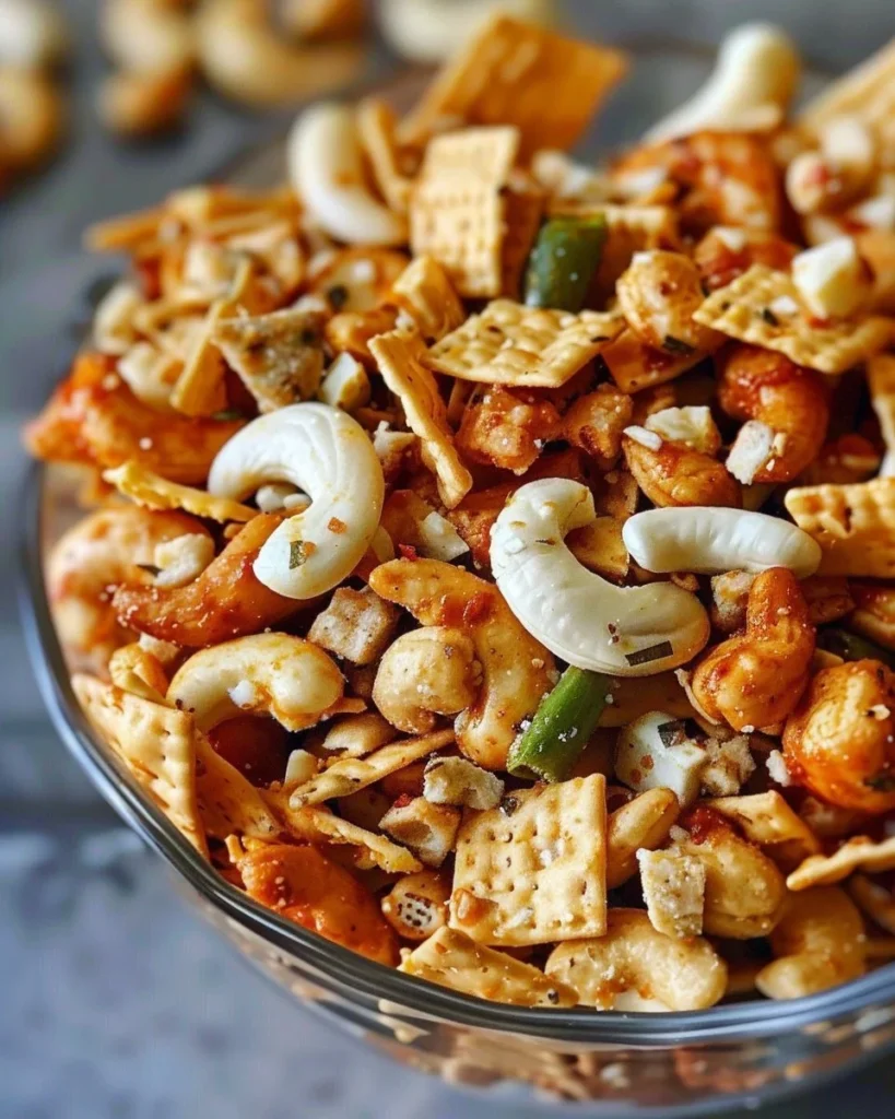 Bold and zesty Buffalo Ranch Snack Mix in a snack bowl
