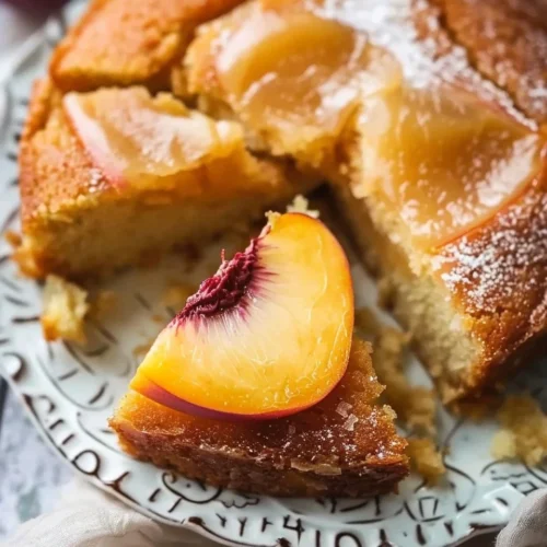 Moist brown sugar peach cake served on a plate, ideal for busy moms