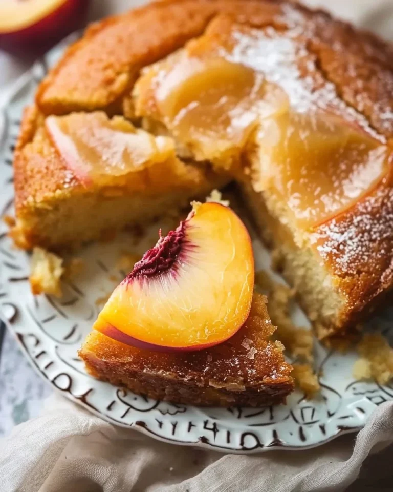 Moist brown sugar peach cake served on a plate, ideal for busy moms