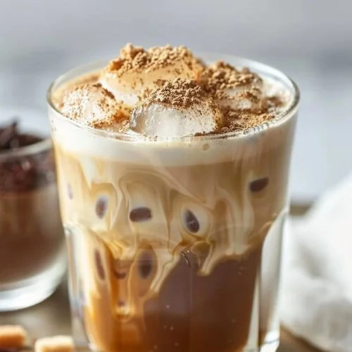 Creamy Brown Sugar Vanilla Iced Coffee in a glass with ice cubes