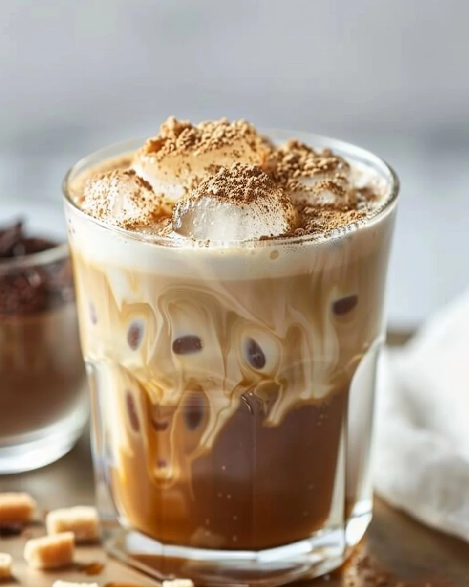 Creamy Brown Sugar Vanilla Iced Coffee in a glass with ice cubes
