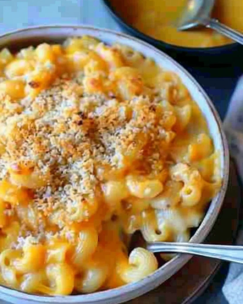 Bowl of butternut squash mac and cheese topped with herbs and cheese